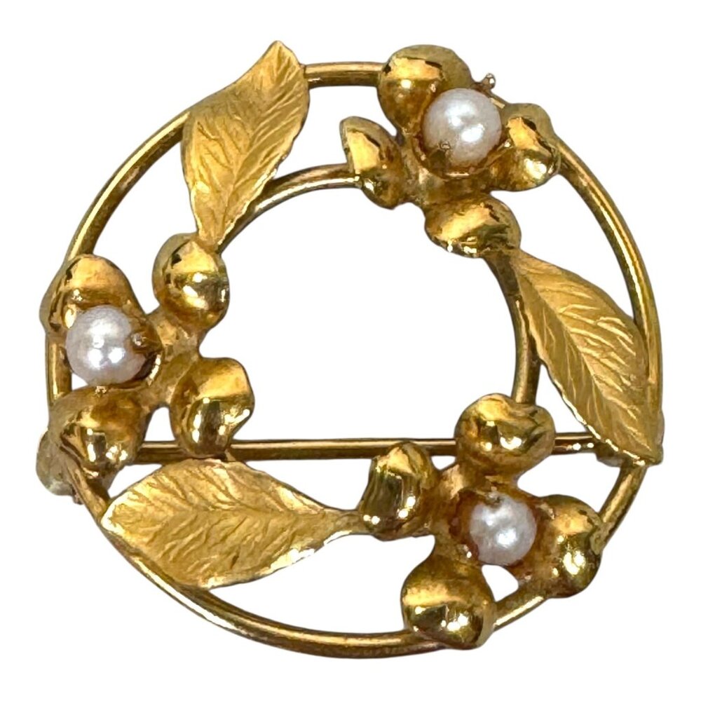 Vintage 12K Gold Filled Pearl Leaf Cluster Wreath Brooch C.R. Co Flowers Floral